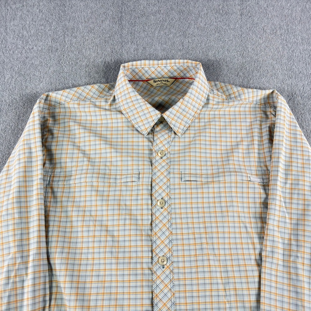 Simms Shirt Mens M Gray Plaid Brrr Stretch Zip Pocket Button Up Long Sleeve